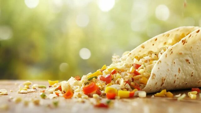 Filled scene of a falling burito, smooth repeating motion for background video animation