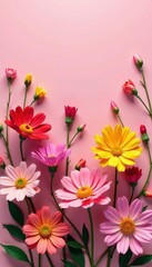 An array of colorful flowers in a subtle pink background, colored, dance