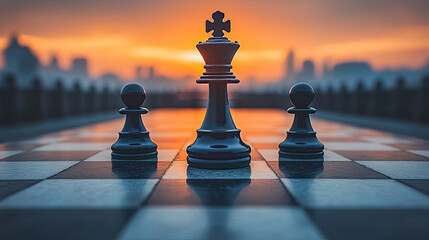 Chess King on Sunrise Cityscape