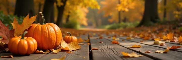 Cozy autumnal scene with pumpkin patch and golden leaves on wooden floor, wood, nature scene, fall decor