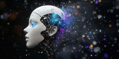 Female Robot Head Shatters Disintegrating Dissolving Humanoid Vibrant Black Background Copy Space