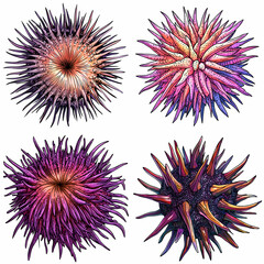 Vibrant spiky sea urchins with sharp details in various colors and shapes