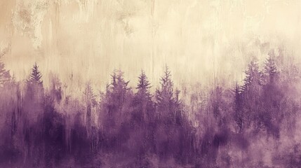 Purple trees silhouetted in front of a faded cream colored sky