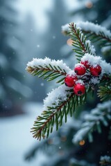 Frosty branch with red berries and snowflakes, snow covered trees, evergreen tree, snowflakes