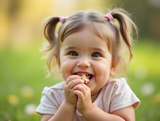 little baby eating food in the park