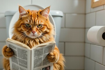 Tabby cat reading newspaper in bathroom with toilet paper roll