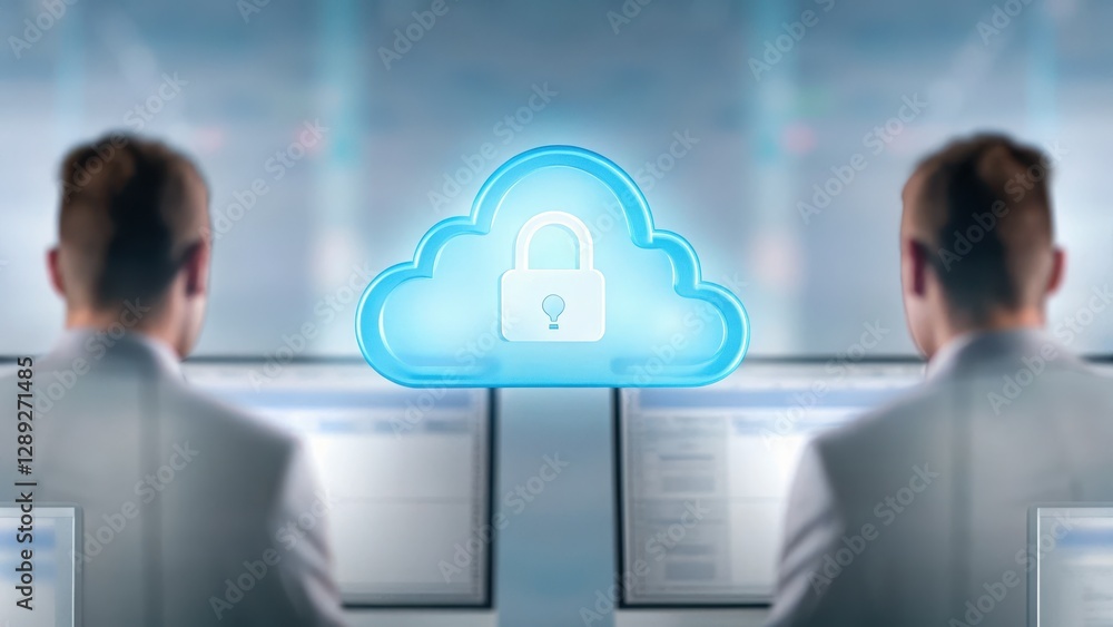 Aufkleber secure cloud data management illustration featuring business worker with technology background