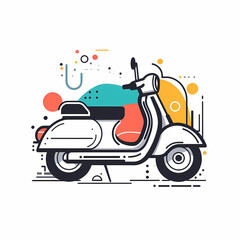 retro scooter illustration with colorful abstract shapes in background