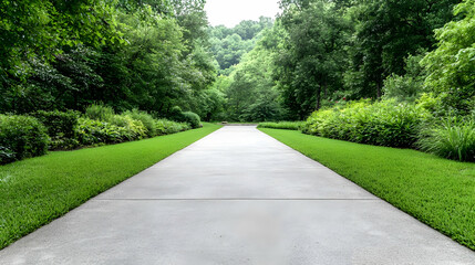 Lush green driveway, winding path, tranquil landscape, nature background, ideal for real estate