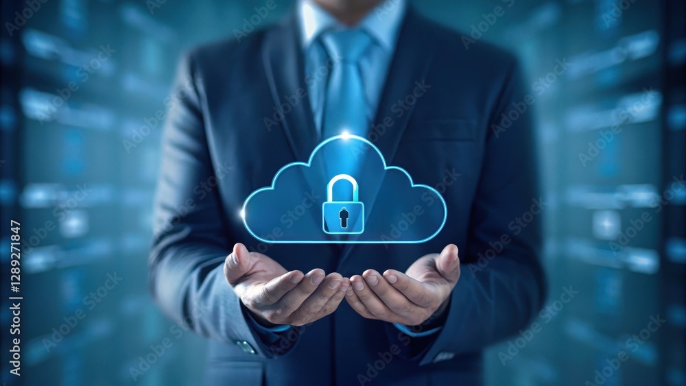 Poster professional business worker holding cloud icon with lock symbol in secure data center environment f