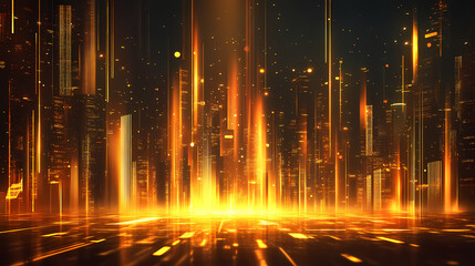 Abstract golden light streaks in motion across urban nightscape. Metropolis of Light Beams. Illustration