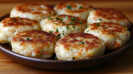Fried potato cakes on plate, wooden background, food photography, recipe