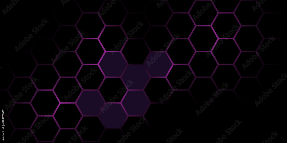Poster abstract digital network with hexagonal shape. glowing purple honeycomb tech texture. hexagon. illus