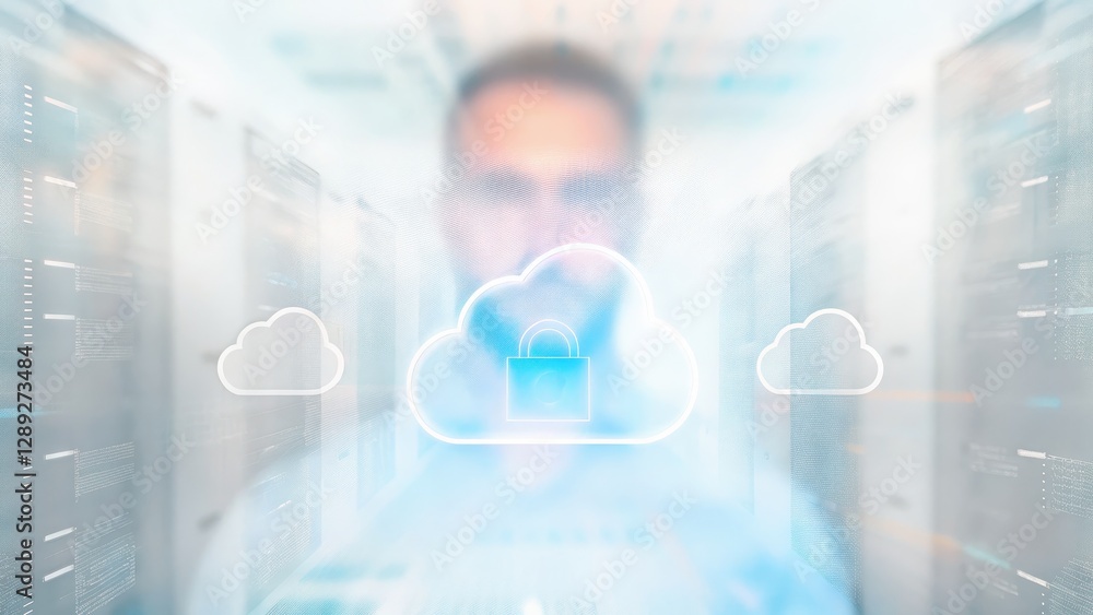 Aufkleber hyper-realistic depiction of a business worker managing cloud security in a modern data center envir