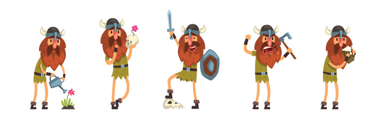 Funny Viking Bearded Man in Helmet with Horn Vector Set