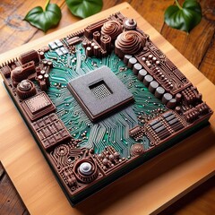 A dessert shaped like a motherboard, intricate circuit-like details