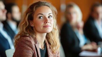 Obraz premium Woman networking confidently at corporate seminar.