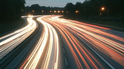 Night traffic light trails on a highway, long exposure photography showing streaks of red, white, and yellow light. Dark trees line the highway at