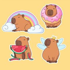 Cute capybara character, set of cartoon style illustrations