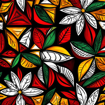 Vibrant Stained Glass Floral Seamless Pattern Colorful Geometric Leaves Black Background Vector