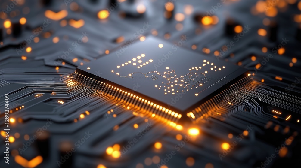 Poster glowing futuristic circuit board with intricate geometric details, showcasing high-tech cyberpunk ae
