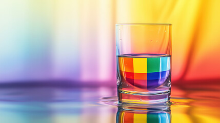 A Creative Macro Photograph of an LGBTQI Flag Pattern Reflected in a Glass of Water, Evoking Themes of Diversity, Clarity, and Fluidity in Identity