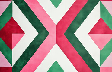 A flat geometric pattern with rounded shapes in shades of green & pink.