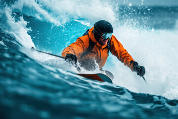 Naklejka premium Man skiing in rough waters wearing orange jacket and helmet