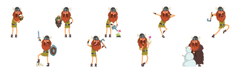 Funny Viking Bearded Man in Helmet with Horn Vector Set