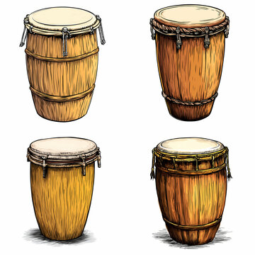 Colorful conga drums with detailed wood grain textures in various styles