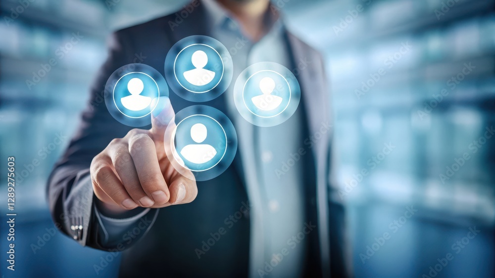 Poster engaging close-up of businessman using digital touchscreen interface for manipulating user icons