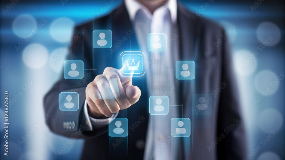 Poster engaging business hand touching interactive digital interface with user profiles and crown icon symb