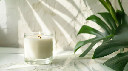 burning wax candle and monstera leaf
