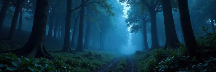 An eerie forest shrouded in perpetual twilight, overgrowth, eerie, twilight