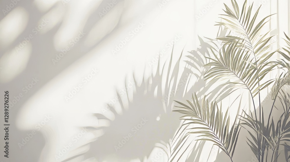 Poster a simple and minimalistic background is used for presenting products, featuring shadows of tropical 