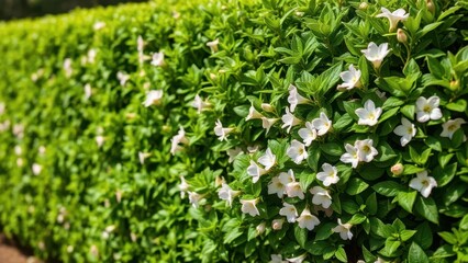 Obraz premium a thick hedge with green leaves and flowers blooming in the spring, hedges, plant life