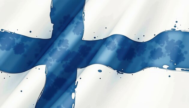 Finnish flag banner in wavy motion. Watercolor style illustration. Siniristilippu, flag of Finland, paintbrush or spilled paint form on light background. Flag day celebration, patriotism concept