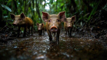 Wild pigs in a rainforest mud path