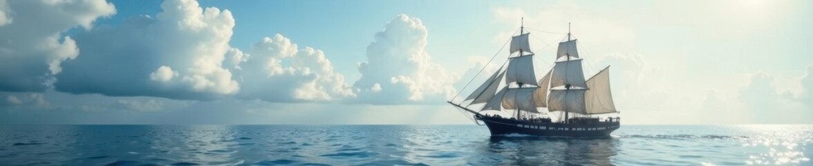 Obraz premium Frigate barque barrels across the surface of the calm sea, clouds, maritime