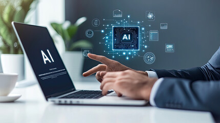 AI Technology Businessman Interacting with Artificial Intelligence on Laptop
