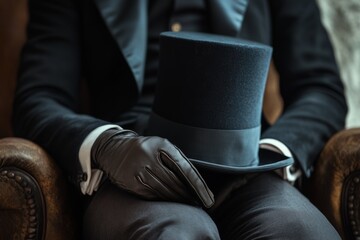 Fototapeta premium A sophisticated man in formal attire holds a top hat and wears leather gloves, epitomizing vintage fashion and elegance.