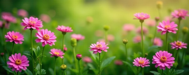 Obraz premium Pink chrysanthemum flowers scattered on a lush green background, plant, flower field