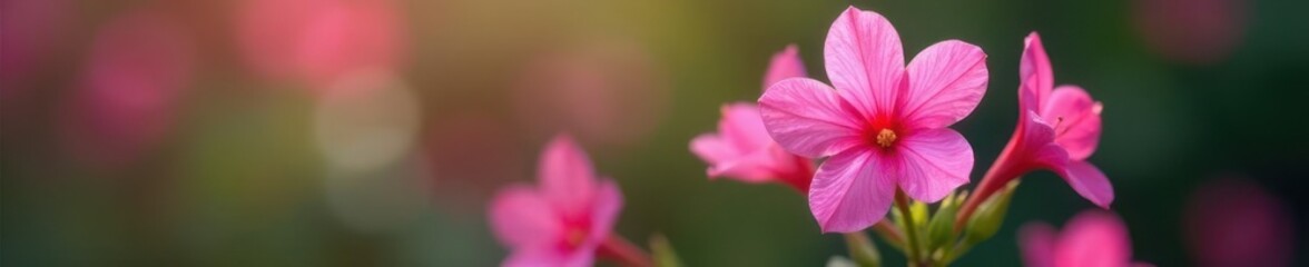 showy, pink flowers with five petals on a stem, heart shape, showy