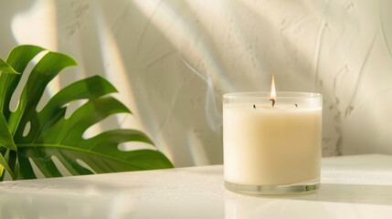 burning wax candle and monstera leaf