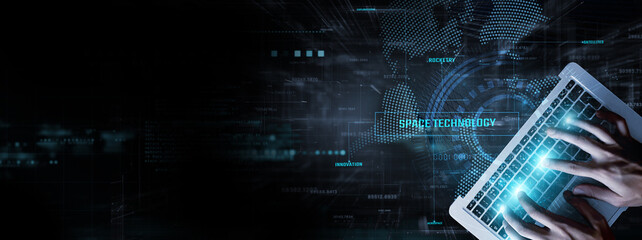 Space Technology: Businessman data analysis for performance and satellite communications, orbital...