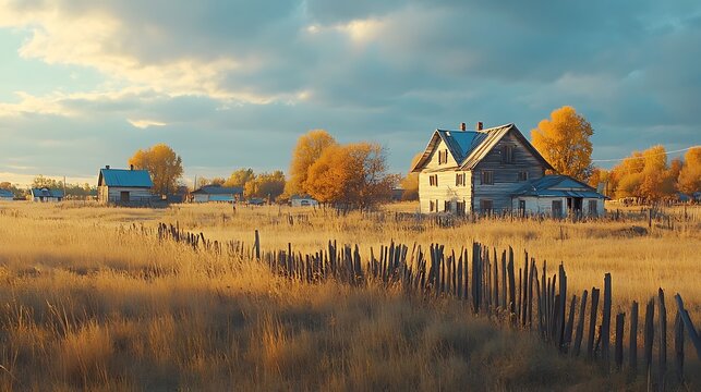 An old weathered house and fields in the early evening