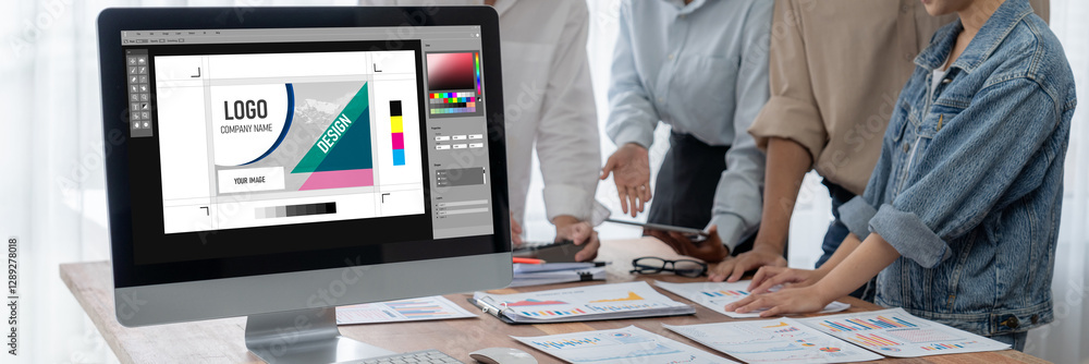 Poster Graphic designer software for modern design of web page and commercial brisk ads showing on the computer screen