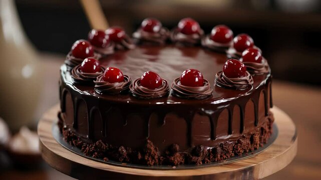 Delicious Chocolate Cake with Glossy Cherry Topping on Wooden Stand. National Devil's Food Cake Day
