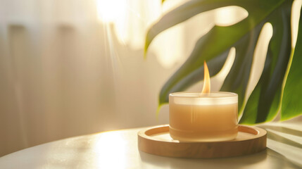 burning wax candle and monstera leaf