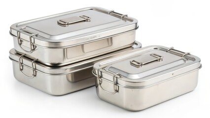 Stainless Steel Containers on White Background